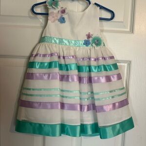 Rare Editions White Dress with Mint Green and Lavender Stripes